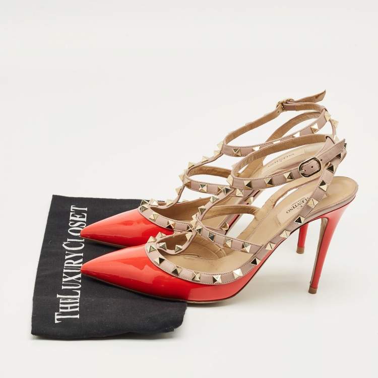 Pre Owned Valentino Beige/Red Leather and Patent Rockstud Ankle Strap Pumps Size 41