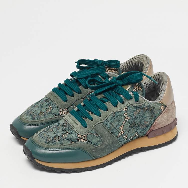 Pre Owned Valentino Two Tone Lace and Leather Rockrunner Low Top Sneakers Size 37