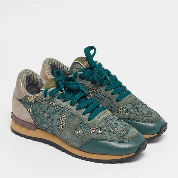 Pre Owned Valentino Two Tone Lace and Leather Rockrunner Low Top Sneakers Size 37