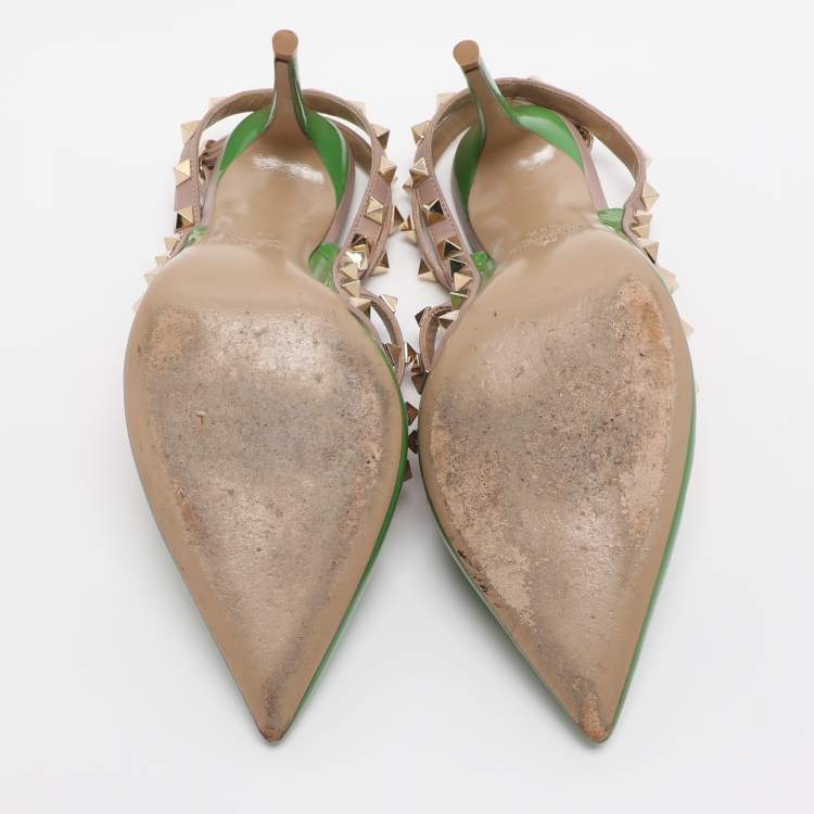 Pre Owned Valentino Green/Beige Patent Leather Rockstud Ankle Strap Pumps Size 38.5