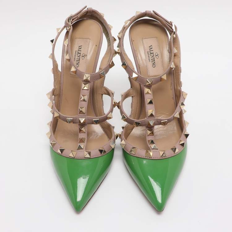 Pre Owned Valentino Green/Beige Patent Leather Rockstud Ankle Strap Pumps Size 38.5