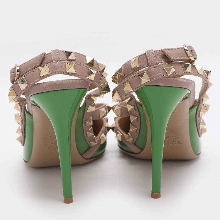 Pre Owned Valentino Green/Beige Patent Leather Rockstud Ankle Strap Pumps Size 38.5