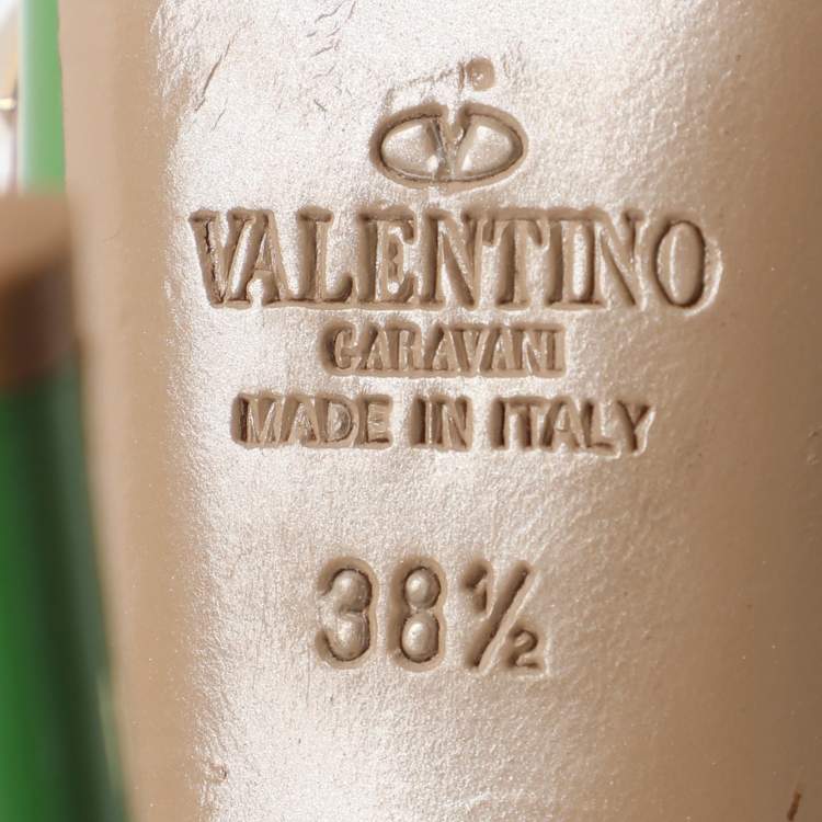 Pre Owned Valentino Green/Beige Patent Leather Rockstud Ankle Strap Pumps Size 38.5