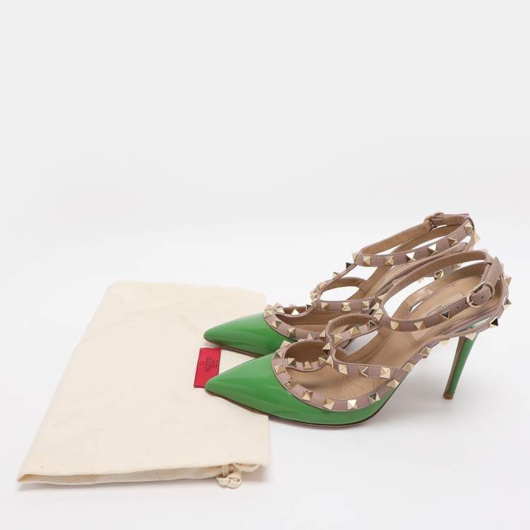 Pre Owned Valentino Green/Beige Patent Leather Rockstud Ankle Strap Pumps Size 38.5