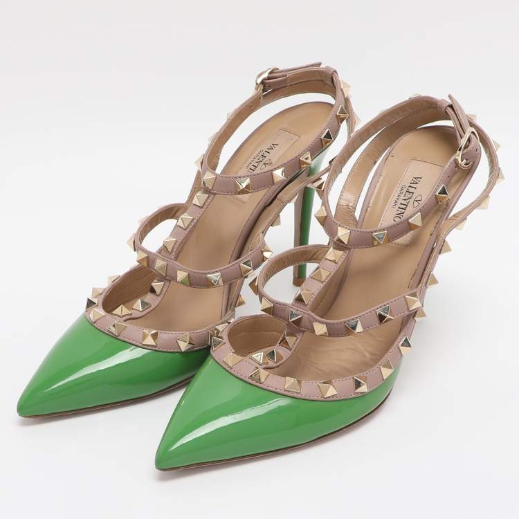 Pre Owned Valentino Green/Beige Patent Leather Rockstud Ankle Strap Pumps Size 38.5