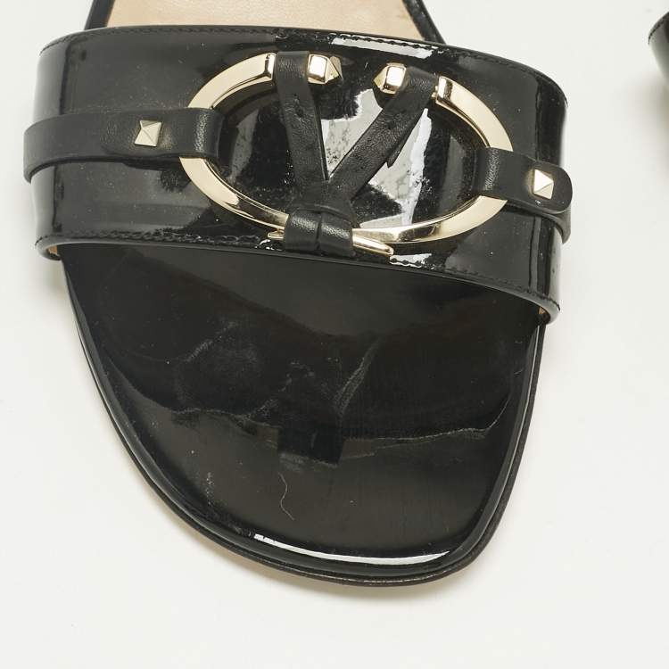 Pre Owned Valentino Black Patent Leather VLogo Slide Sandals Size 39.5