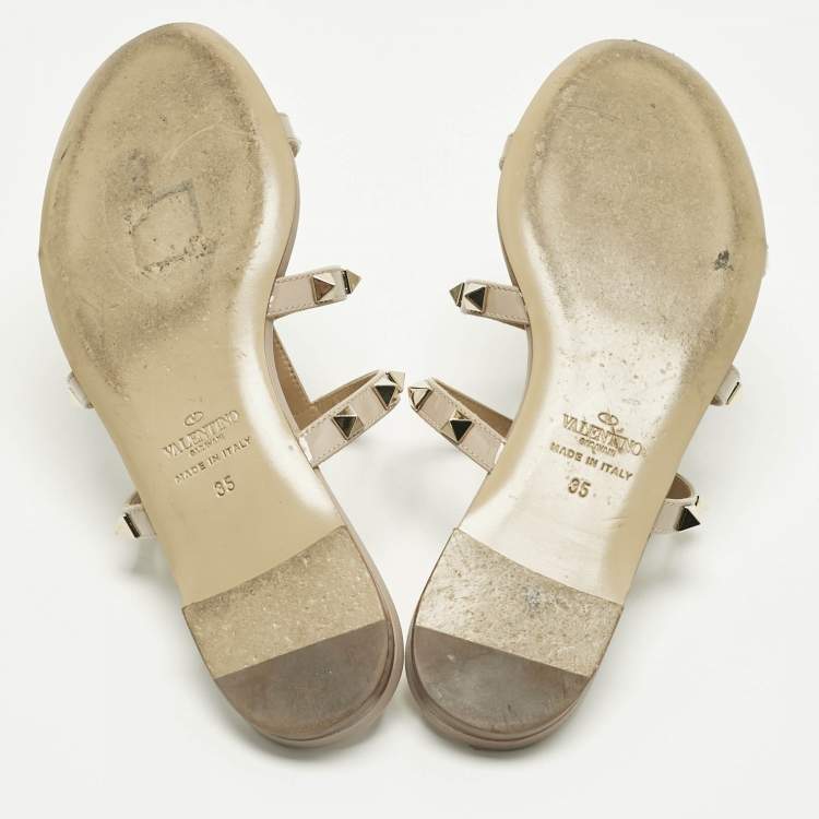 Pre Owned Valentino Poudre Pink Patent Leather Rockstud Flat Slide Sandals Size 35