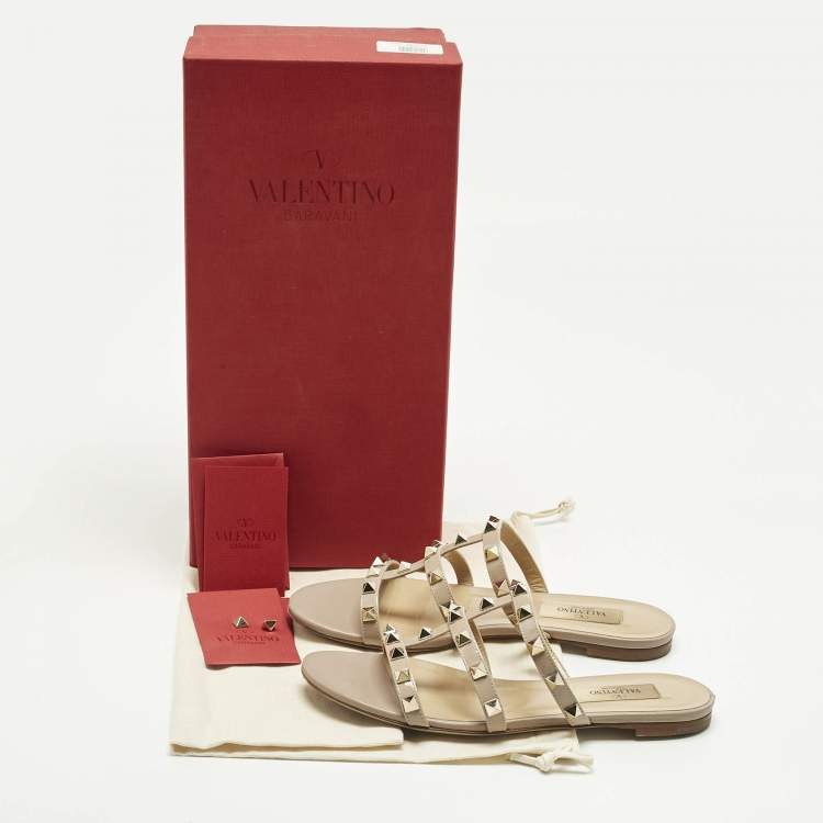 Pre Owned Valentino Poudre Pink Patent Leather Rockstud Flat Slide Sandals Size 35