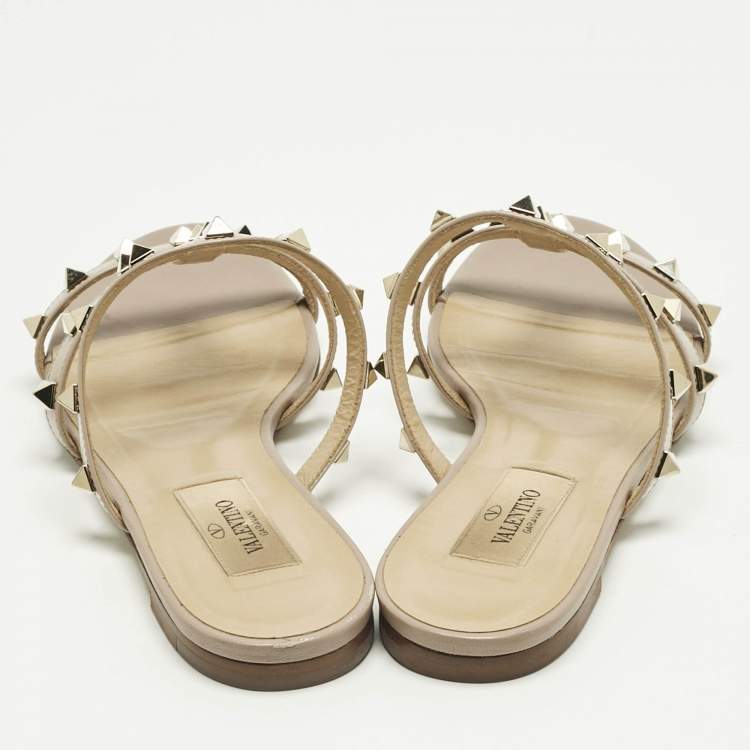 Pre Owned Valentino Poudre Pink Patent Leather Rockstud Flat Slide Sandals Size 35