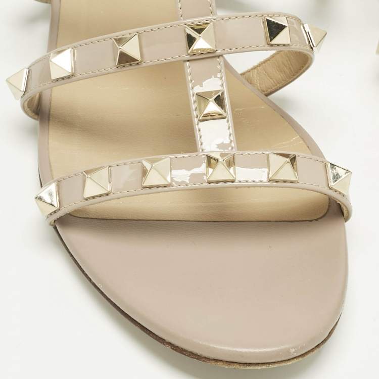 Pre Owned Valentino Poudre Pink Patent Leather Rockstud Flat Slide Sandals Size 35