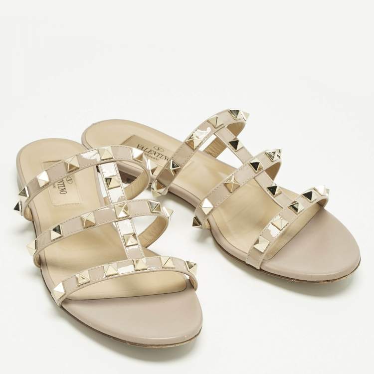 Pre Owned Valentino Poudre Pink Patent Leather Rockstud Flat Slide Sandals Size 35