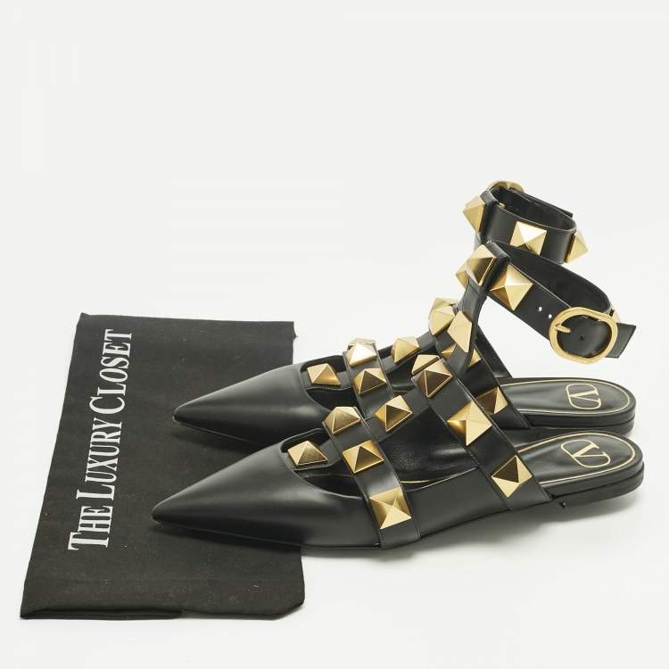 Pre Owned Valentino Black Leather Rockstud Ankle Strap Flats Size 40