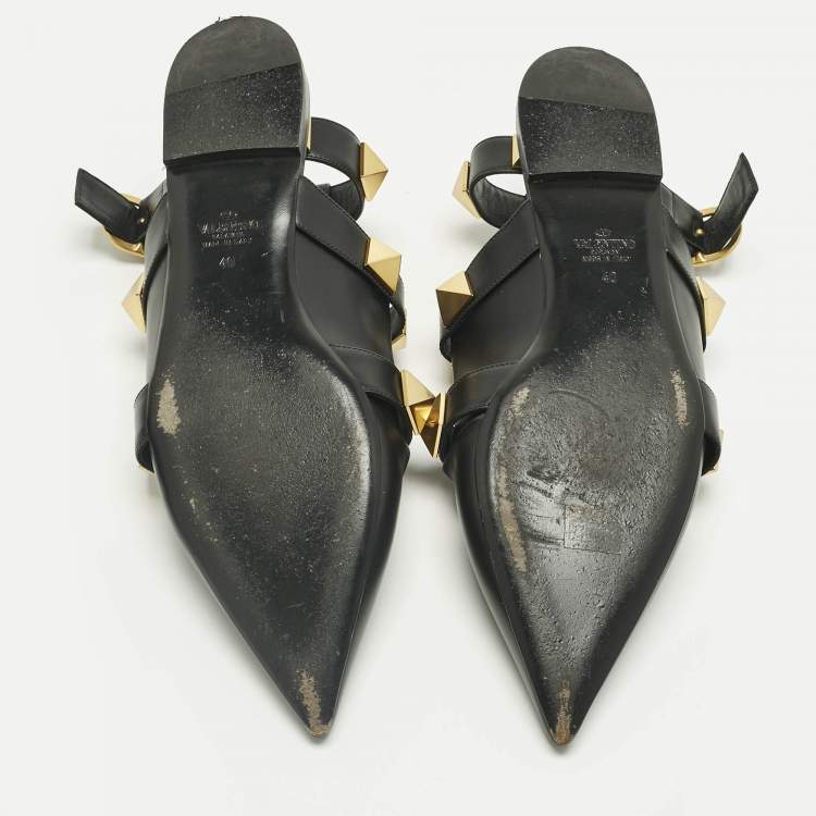 Pre Owned Valentino Black Leather Rockstud Ankle Strap Flats Size 40