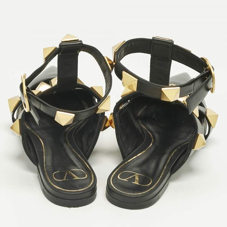 Pre Owned Valentino Black Leather Rockstud Ankle Strap Flats Size 40