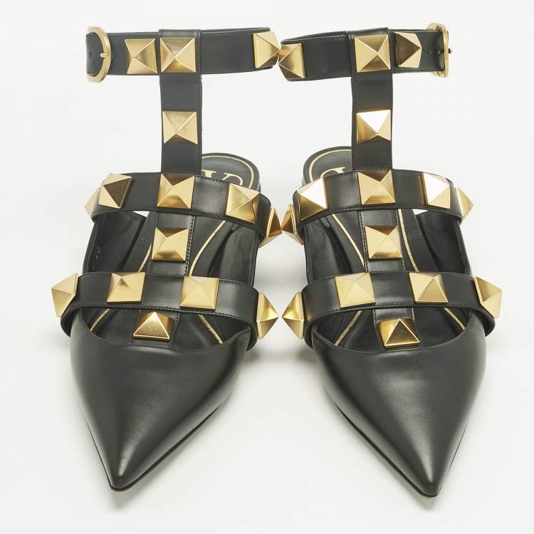 Pre Owned Valentino Black Leather Rockstud Ankle Strap Flats Size 40