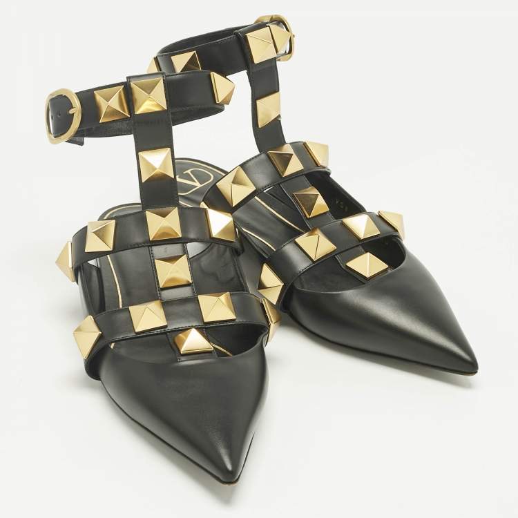 Pre Owned Valentino Black Leather Rockstud Ankle Strap Flats Size 40