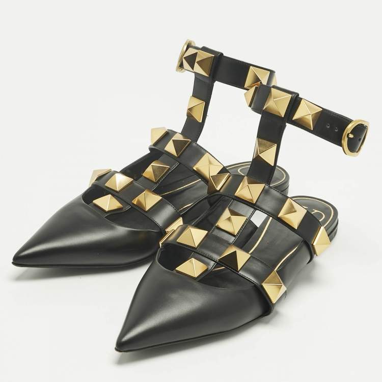 Pre Owned Valentino Black Leather Rockstud Ankle Strap Flats Size 40
