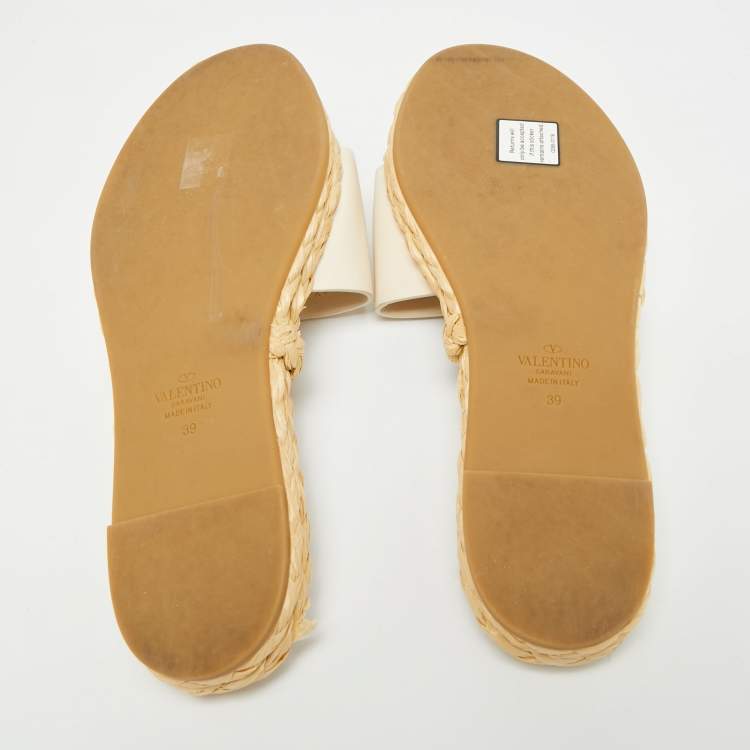 Pre Owned Valentino Cream Leather VLogo Espadrille Flat Slides Size 39