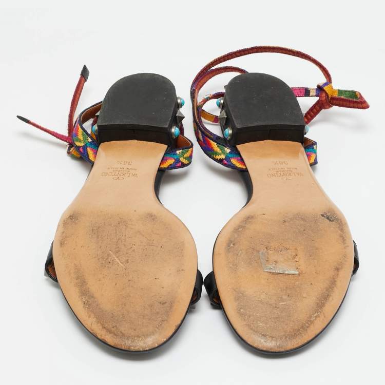 Pre Owned Valentino Black Leather Rolling Rockstud Ankle Wrap Flat Sandals Size 38.5