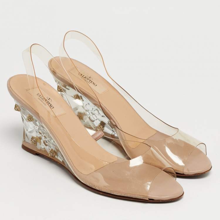 Pre Owned Valentino Transparent PVC Rockstud Slingback Wedge Pumps Size 39