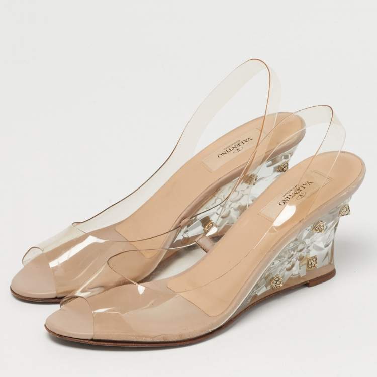 Pre Owned Valentino Transparent PVC Rockstud Slingback Wedge Pumps Size 39