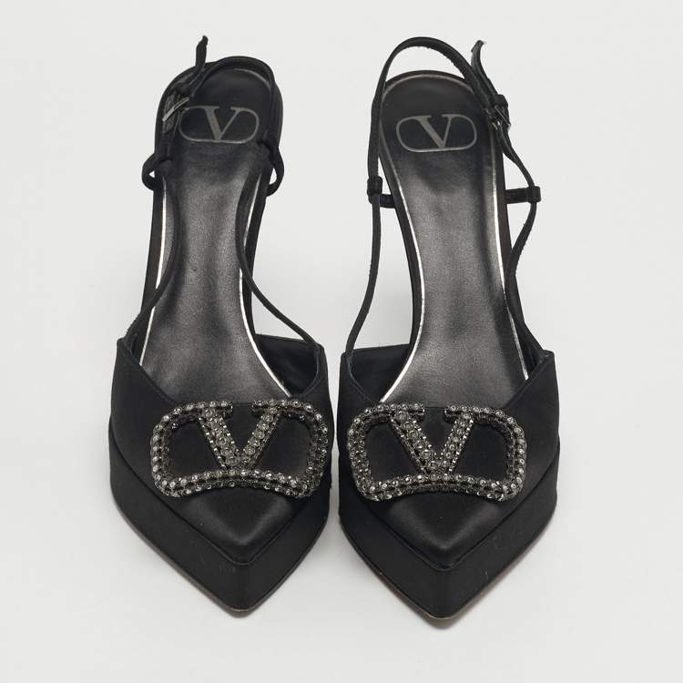 Pre Owned Valentino Black Satin VLogo Slingback Platform Pumps Size 40