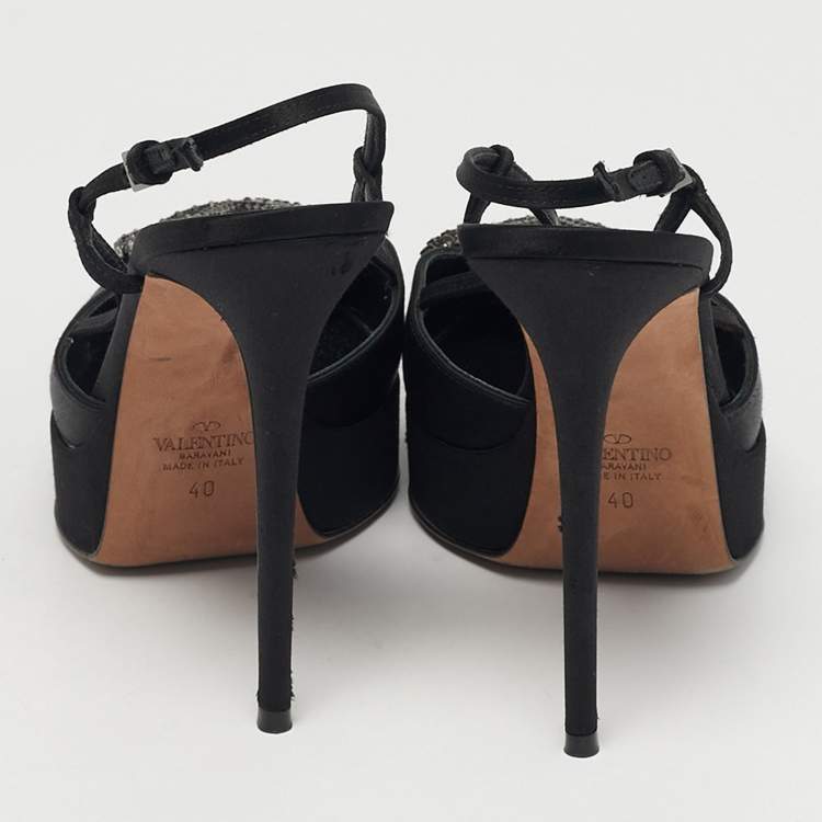 Pre Owned Valentino Black Satin VLogo Slingback Platform Pumps Size 40