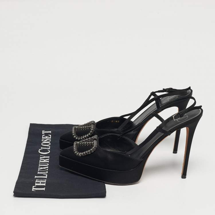 Pre Owned Valentino Black Satin VLogo Slingback Platform Pumps Size 40