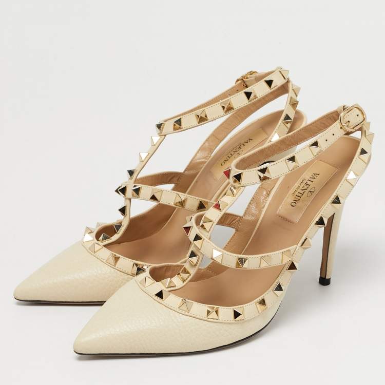 Pre Owned Valentino Cream Leather Rockstud Ankle Strap Pumps Size 37