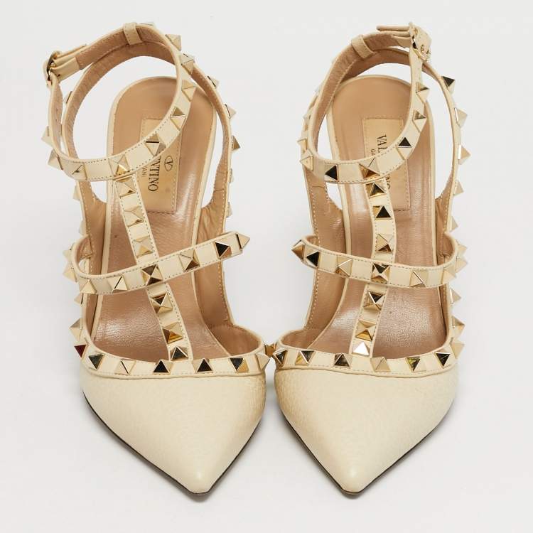 Pre Owned Valentino Cream Leather Rockstud Ankle Strap Pumps Size 37