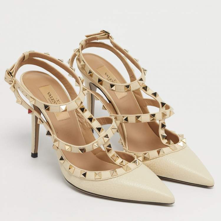 Pre Owned Valentino Cream Leather Rockstud Ankle Strap Pumps Size 37