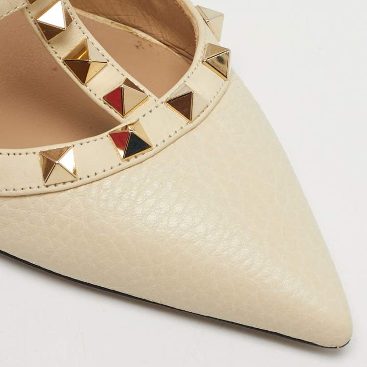 Pre Owned Valentino Cream Leather Rockstud Ankle Strap Pumps Size 37