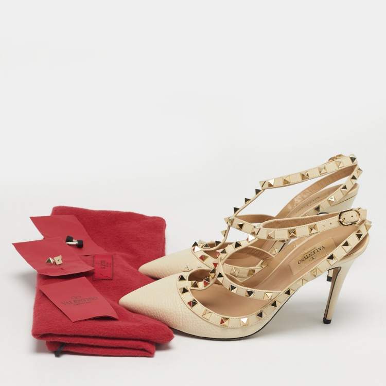Pre Owned Valentino Cream Leather Rockstud Ankle Strap Pumps Size 37