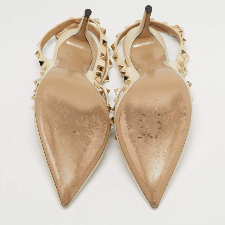 Pre Owned Valentino Cream Leather Rockstud Ankle Strap Pumps Size 37