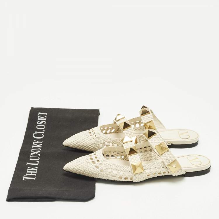 Pre Owned Valentino Cream Intrecciato Leather Roman Stud Mules Size 37
