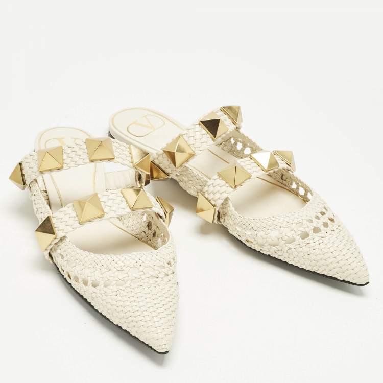 Pre Owned Valentino Cream Intrecciato Leather Roman Stud Mules Size 37