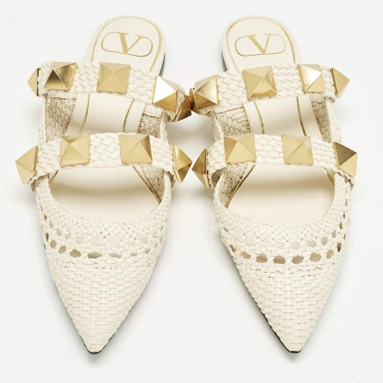 Pre Owned Valentino Cream Intrecciato Leather Roman Stud Mules Size 37