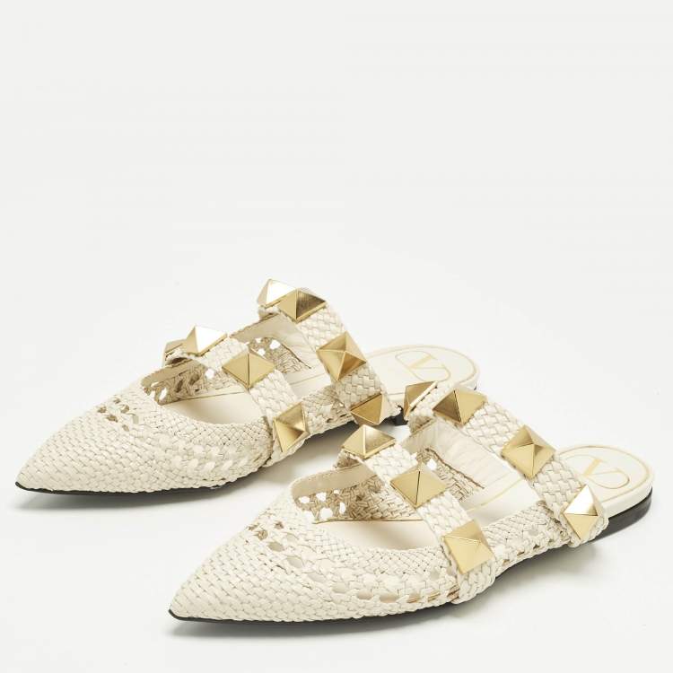 Pre Owned Valentino Cream Intrecciato Leather Roman Stud Mules Size 37