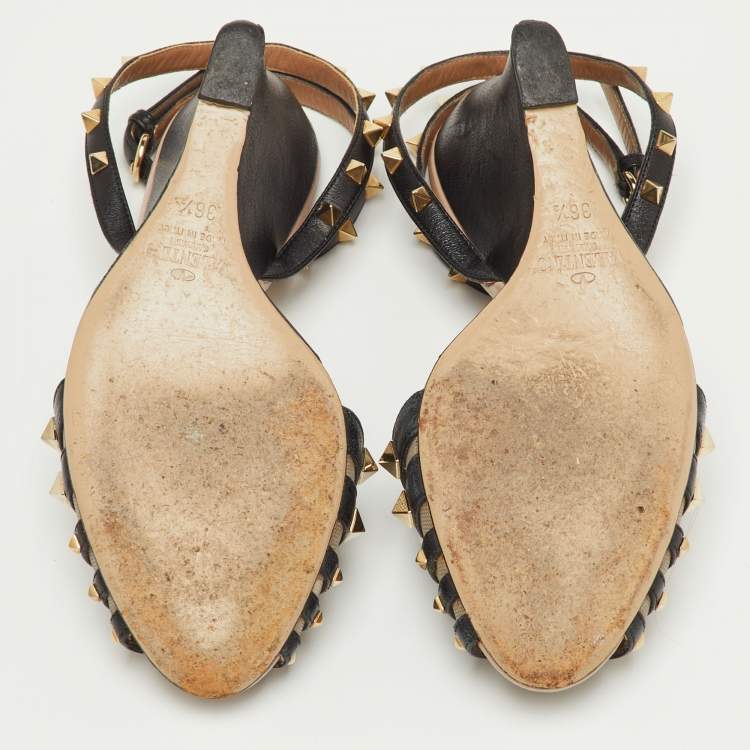 مملوكة مسبقًا Valentino Black Leather and Mesh Rockstud Ankle Strap Wedge Sandals Size 36.5