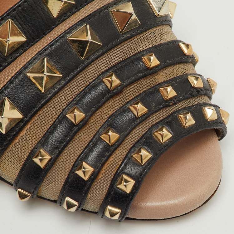 مملوكة مسبقًا Valentino Black Leather and Mesh Rockstud Ankle Strap Wedge Sandals Size 36.5