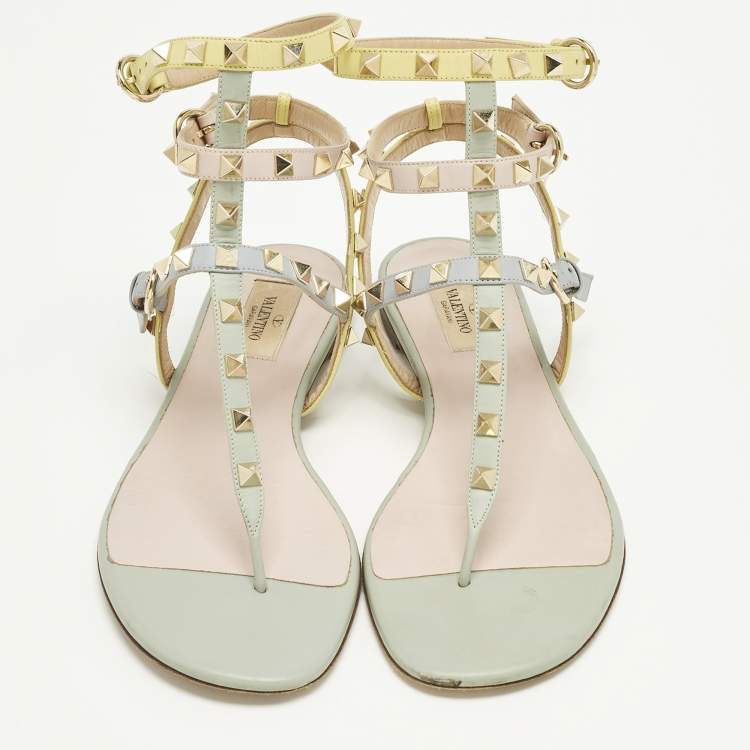Pre Owned Valentino Rockstud Size 39 Multicolor Leather Ankle Strap Sandals
