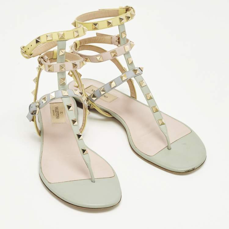 Pre Owned Valentino Rockstud Size 39 Multicolor Leather Ankle Strap Sandals