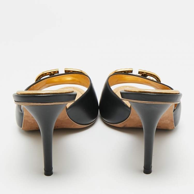 Pre Owned Valentino VLogo Size 41 Black Leather Slide Sandals