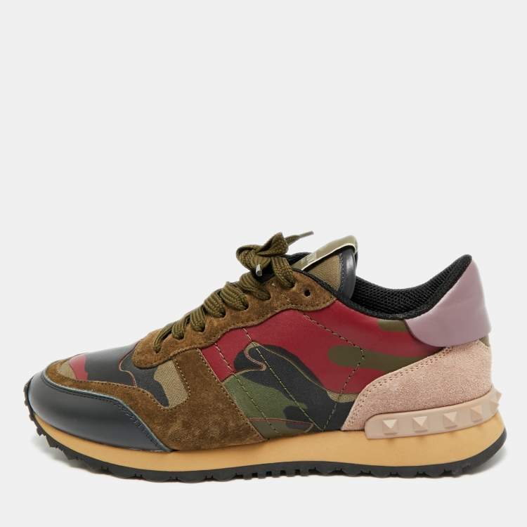 Pre Owned Valentino Lace Rockrunner Size 37.5 Multicolor Leather and Suede Lace Up Sneakers