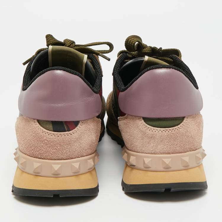 Pre Owned Valentino Lace Rockrunner Size 37.5 Multicolor Leather and Suede Lace Up Sneakers