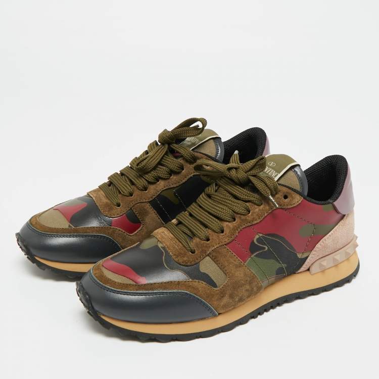 Pre Owned Valentino Lace Rockrunner Size 37.5 Multicolor Leather and Suede Lace Up Sneakers