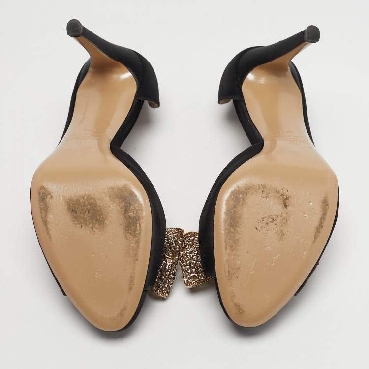 Pre Owned Valentino Bow Crystal Embellished Size 39.5 Black Satin D'orsay Pumps