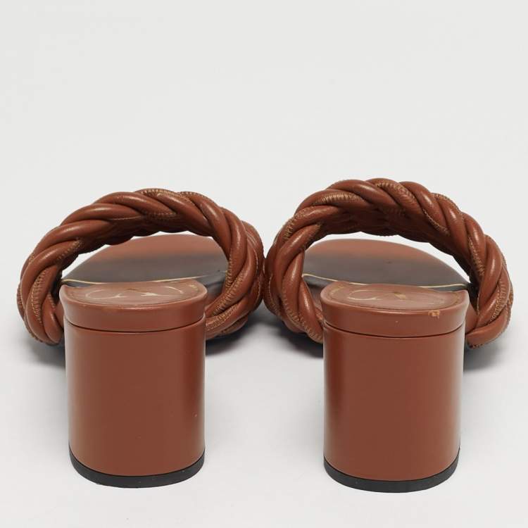 Pre Owned Valentino Size 36 Brown Leather Rope Braided Block Heel Slide Sandals