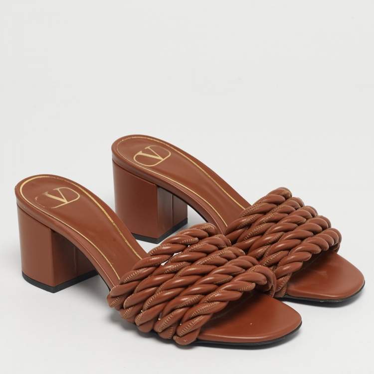 Pre Owned Valentino Size 36 Brown Leather Rope Braided Block Heel Slide Sandals
