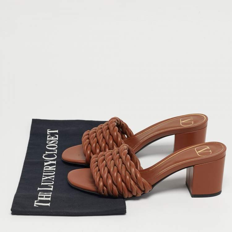 Pre Owned Valentino Size 36 Brown Leather Rope Braided Block Heel Slide Sandals